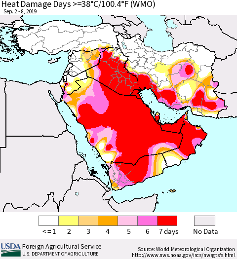 Middle East and Turkey Heat Damage Days >=38°C/100°F (WMO) Thematic Map For 9/2/2019 - 9/8/2019