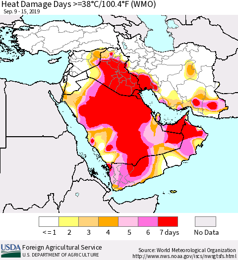Middle East and Turkey Heat Damage Days >=38°C/100°F (WMO) Thematic Map For 9/9/2019 - 9/15/2019