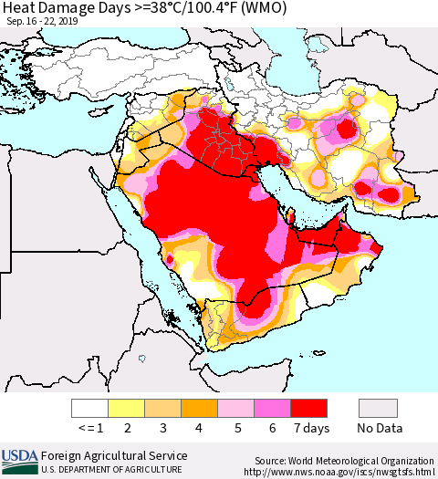 Middle East and Turkey Heat Damage Days >=38°C/100°F (WMO) Thematic Map For 9/16/2019 - 9/22/2019