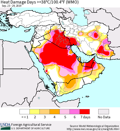 Middle East and Turkey Heat Damage Days >=38°C/100°F (WMO) Thematic Map For 9/23/2019 - 9/29/2019