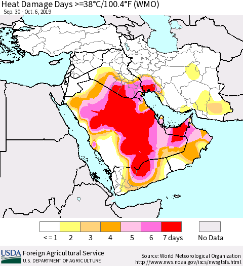 Middle East and Turkey Heat Damage Days >=38°C/100°F (WMO) Thematic Map For 9/30/2019 - 10/6/2019