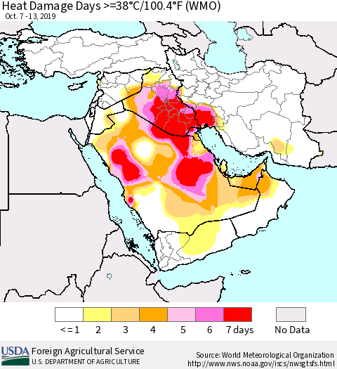 Middle East and Turkey Heat Damage Days >=38°C/100°F (WMO) Thematic Map For 10/7/2019 - 10/13/2019