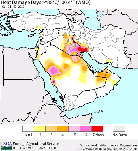 Middle East and Turkey Heat Damage Days >=38°C/100°F (WMO) Thematic Map For 10/14/2019 - 10/20/2019