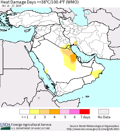 Middle East and Turkey Heat Damage Days >=38°C/100°F (WMO) Thematic Map For 10/21/2019 - 10/27/2019