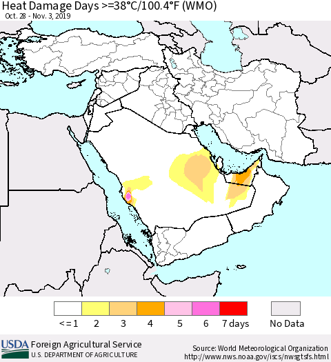 Middle East and Turkey Heat Damage Days >=38°C/100°F (WMO) Thematic Map For 10/28/2019 - 11/3/2019