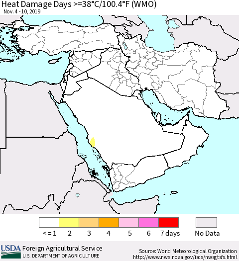 Middle East and Turkey Heat Damage Days >=38°C/100°F (WMO) Thematic Map For 11/4/2019 - 11/10/2019