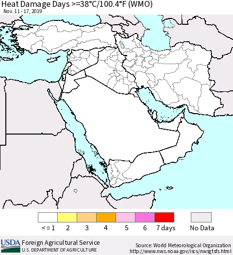 Middle East and Turkey Heat Damage Days >=38°C/100°F (WMO) Thematic Map For 11/11/2019 - 11/17/2019