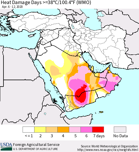 Middle East and Turkey Heat Damage Days >=38°C/100°F (WMO) Thematic Map For 4/6/2020 - 4/12/2020
