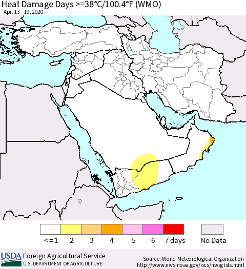 Middle East and Turkey Heat Damage Days >=38°C/100°F (WMO) Thematic Map For 4/13/2020 - 4/19/2020