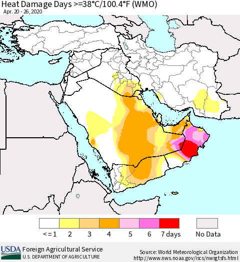 Middle East and Turkey Heat Damage Days >=38°C/100°F (WMO) Thematic Map For 4/20/2020 - 4/26/2020