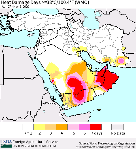 Middle East and Turkey Heat Damage Days >=38°C/100°F (WMO) Thematic Map For 4/27/2020 - 5/3/2020