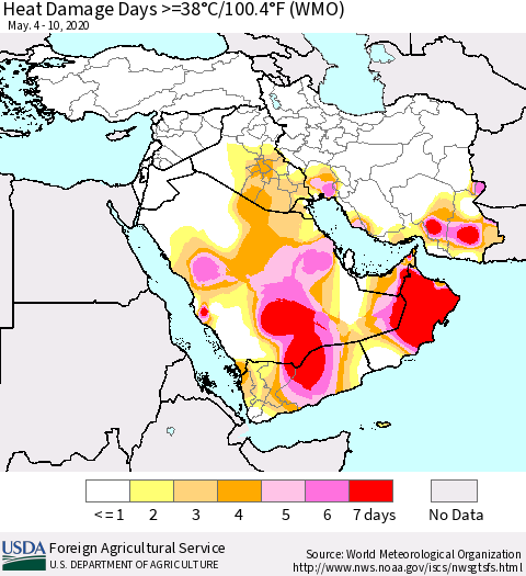 Middle East and Turkey Heat Damage Days >=38°C/100°F (WMO) Thematic Map For 5/4/2020 - 5/10/2020