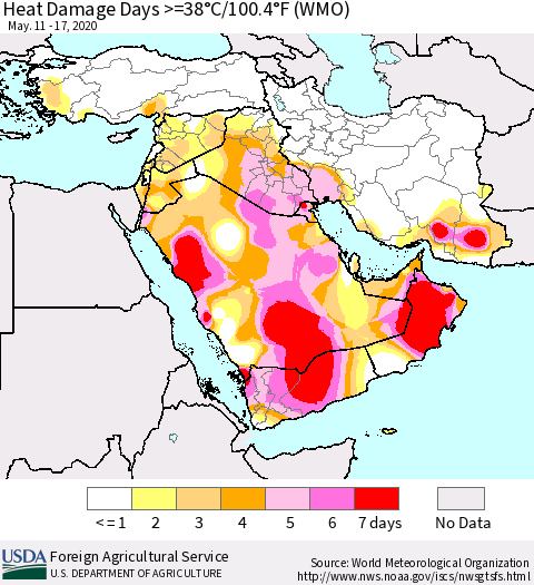 Middle East and Turkey Heat Damage Days >=38°C/100°F (WMO) Thematic Map For 5/11/2020 - 5/17/2020