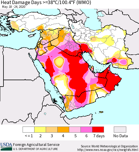 Middle East and Turkey Heat Damage Days >=38°C/100°F (WMO) Thematic Map For 5/18/2020 - 5/24/2020