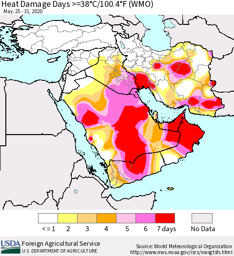 Middle East and Turkey Heat Damage Days >=38°C/100°F (WMO) Thematic Map For 5/25/2020 - 5/31/2020