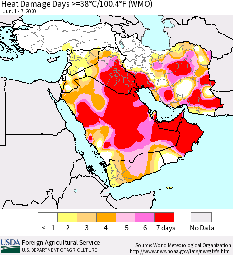 Middle East and Turkey Heat Damage Days >=38°C/100°F (WMO) Thematic Map For 6/1/2020 - 6/7/2020