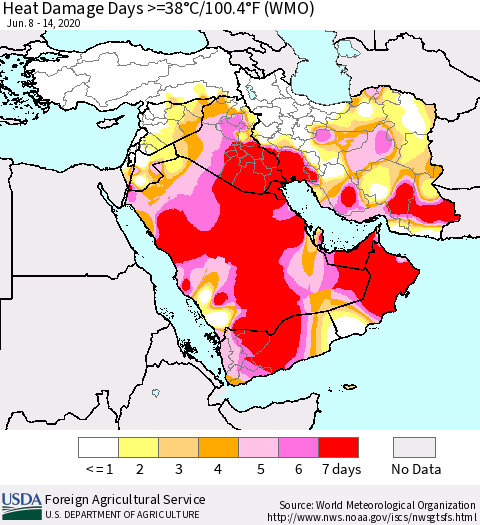 Middle East and Turkey Heat Damage Days >=38°C/100°F (WMO) Thematic Map For 6/8/2020 - 6/14/2020