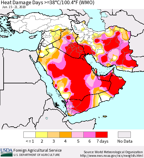 Middle East and Turkey Heat Damage Days >=38°C/100°F (WMO) Thematic Map For 6/15/2020 - 6/21/2020