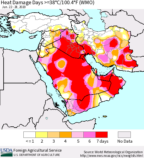 Middle East and Turkey Heat Damage Days >=38°C/100°F (WMO) Thematic Map For 6/22/2020 - 6/28/2020