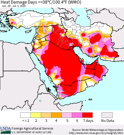 Middle East and Turkey Heat Damage Days >=38°C/100°F (WMO) Thematic Map For 6/29/2020 - 7/5/2020