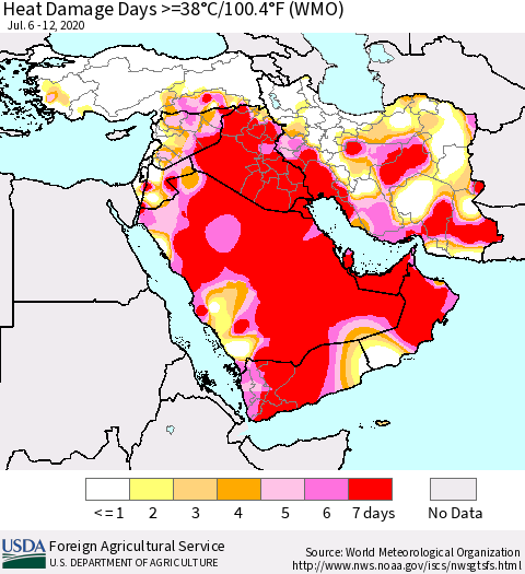 Middle East and Turkey Heat Damage Days >=38°C/100°F (WMO) Thematic Map For 7/6/2020 - 7/12/2020