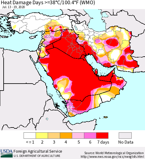 Middle East and Turkey Heat Damage Days >=38°C/100°F (WMO) Thematic Map For 7/13/2020 - 7/19/2020
