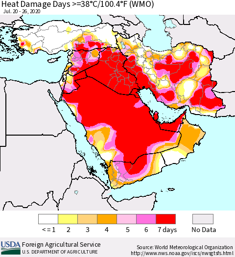 Middle East and Turkey Heat Damage Days >=38°C/100°F (WMO) Thematic Map For 7/20/2020 - 7/26/2020