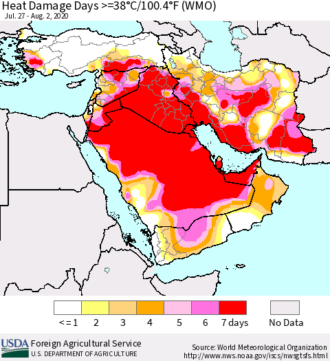 Middle East and Turkey Heat Damage Days >=38°C/100°F (WMO) Thematic Map For 7/27/2020 - 8/2/2020