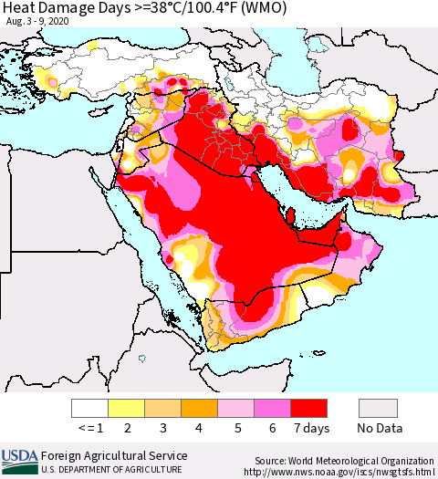 Middle East and Turkey Heat Damage Days >=38°C/100°F (WMO) Thematic Map For 8/3/2020 - 8/9/2020