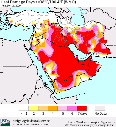 Middle East and Turkey Heat Damage Days >=38°C/100°F (WMO) Thematic Map For 8/10/2020 - 8/16/2020