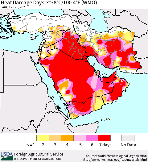 Middle East and Turkey Heat Damage Days >=38°C/100°F (WMO) Thematic Map For 8/17/2020 - 8/23/2020