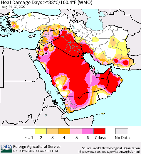 Middle East and Turkey Heat Damage Days >=38°C/100°F (WMO) Thematic Map For 8/24/2020 - 8/30/2020