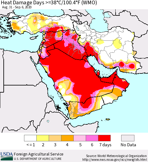 Middle East and Turkey Heat Damage Days >=38°C/100°F (WMO) Thematic Map For 8/31/2020 - 9/6/2020