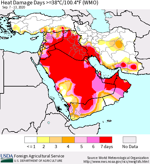 Middle East and Turkey Heat Damage Days >=38°C/100°F (WMO) Thematic Map For 9/7/2020 - 9/13/2020