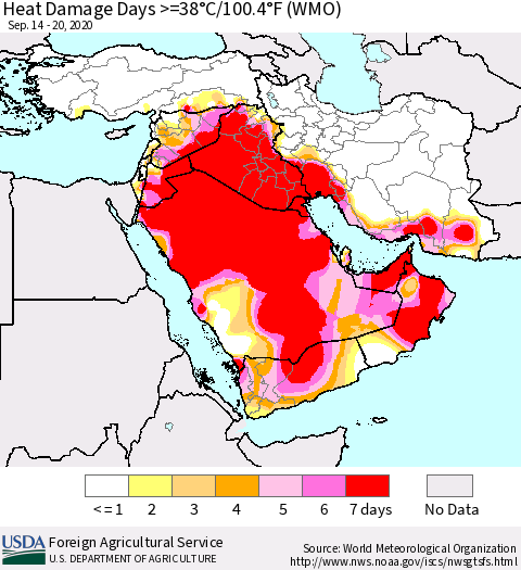 Middle East and Turkey Heat Damage Days >=38°C/100°F (WMO) Thematic Map For 9/14/2020 - 9/20/2020