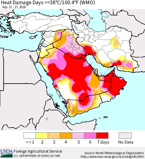 Middle East and Turkey Heat Damage Days >=38°C/100°F (WMO) Thematic Map For 9/21/2020 - 9/27/2020