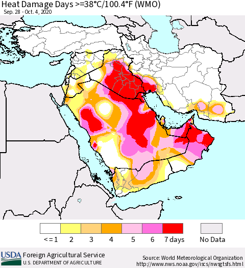 Middle East and Turkey Heat Damage Days >=38°C/100°F (WMO) Thematic Map For 9/28/2020 - 10/4/2020