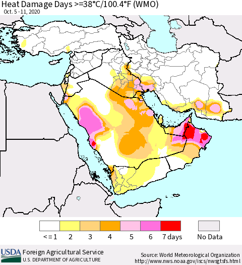 Middle East and Turkey Heat Damage Days >=38°C/100°F (WMO) Thematic Map For 10/5/2020 - 10/11/2020