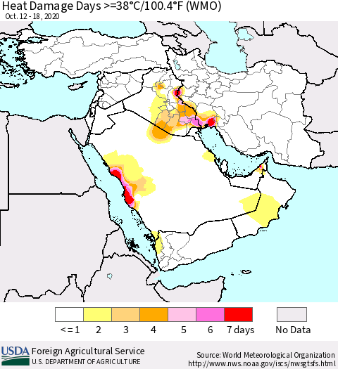 Middle East and Turkey Heat Damage Days >=38°C/100°F (WMO) Thematic Map For 10/12/2020 - 10/18/2020