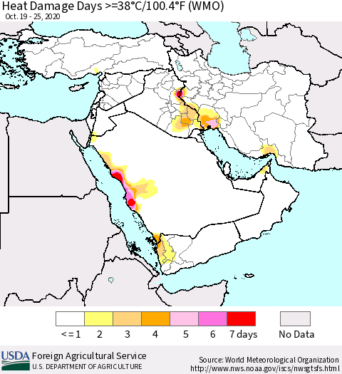 Middle East and Turkey Heat Damage Days >=38°C/100°F (WMO) Thematic Map For 10/19/2020 - 10/25/2020