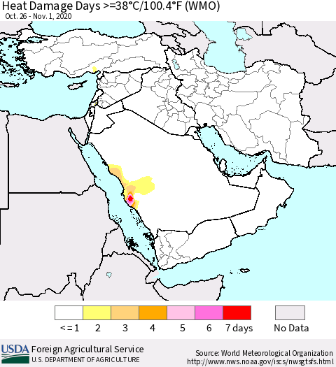 Middle East and Turkey Heat Damage Days >=38°C/100°F (WMO) Thematic Map For 10/26/2020 - 11/1/2020