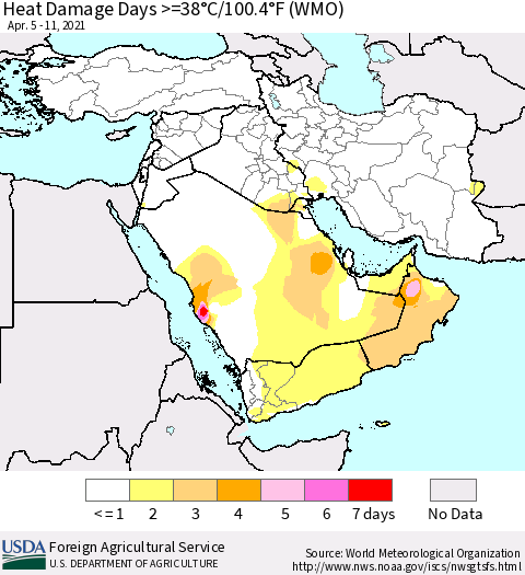 Middle East and Turkey Heat Damage Days >=38°C/100°F (WMO) Thematic Map For 4/5/2021 - 4/11/2021