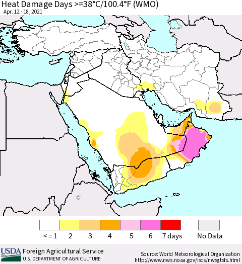 Middle East and Turkey Heat Damage Days >=38°C/100°F (WMO) Thematic Map For 4/12/2021 - 4/18/2021