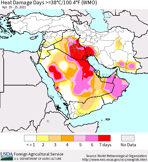 Middle East and Turkey Heat Damage Days >=38°C/100°F (WMO) Thematic Map For 4/19/2021 - 4/25/2021