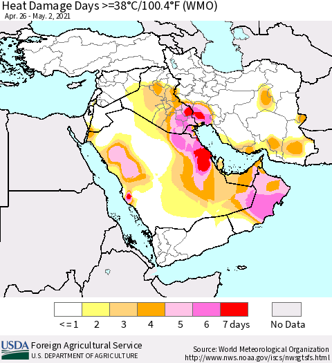 Middle East and Turkey Heat Damage Days >=38°C/100°F (WMO) Thematic Map For 4/26/2021 - 5/2/2021