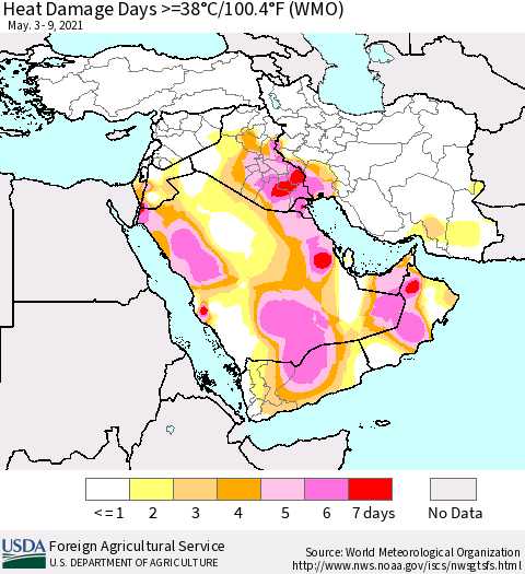 Middle East and Turkey Heat Damage Days >=38°C/100°F (WMO) Thematic Map For 5/3/2021 - 5/9/2021