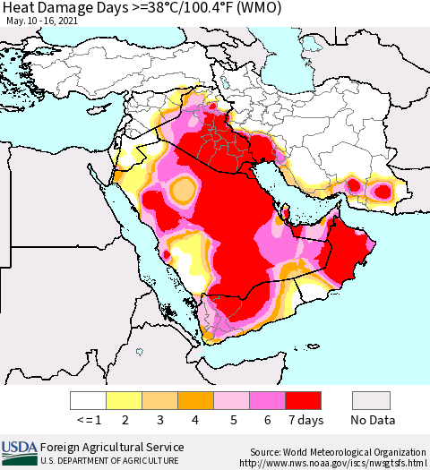 Middle East and Turkey Heat Damage Days >=38°C/100°F (WMO) Thematic Map For 5/10/2021 - 5/16/2021