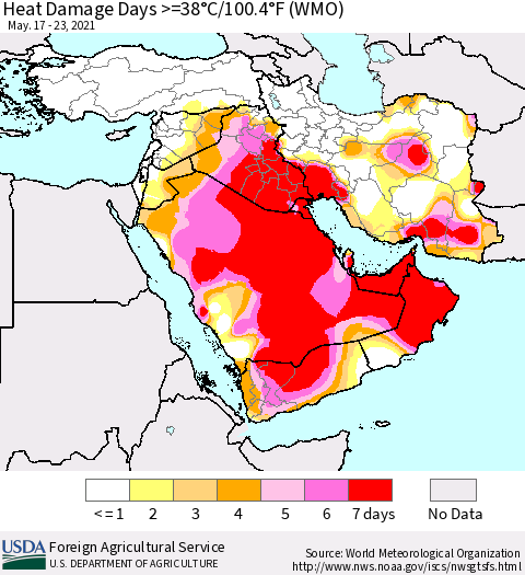 Middle East and Turkey Heat Damage Days >=38°C/100°F (WMO) Thematic Map For 5/17/2021 - 5/23/2021