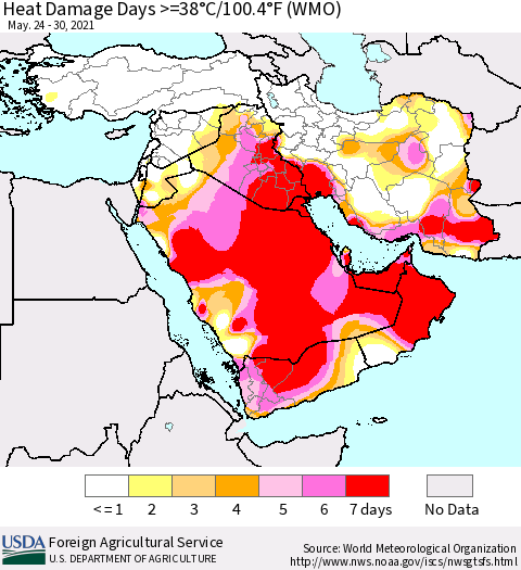 Middle East and Turkey Heat Damage Days >=38°C/100°F (WMO) Thematic Map For 5/24/2021 - 5/30/2021