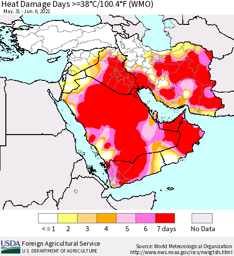 Middle East and Turkey Heat Damage Days >=38°C/100°F (WMO) Thematic Map For 5/31/2021 - 6/6/2021